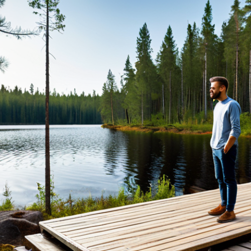 A professional male traveler in modern, modest outdoor apparel, standing on a wooden boardwalk overlooking a serene lake in the Republic of Karelia, surrounded by dense pine forests. In the foreground, a stylish, eco-friendly glamping tent is subtly visible, blending seamlessly with the natural environment. The scene captures the essence of sustainable tourism and green investments in Russia's beautiful wilderness. Sunlight filters through the trees, casting a peaceful glow. Fully clothed, modest clothing, appropriate attire, safe for work, appropriate content, family-friendly, perfect anatomy, correct proportions, natural pose, well-formed hands, proper finger count, natural body proportions, professional photography, high quality, 8k.