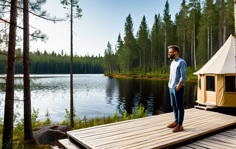 A professional male traveler in modern, modest outdoor apparel, standing on a wooden boardwalk overlooking a serene lake in the Republic of Karelia, surrounded by dense pine forests. In the foreground, a stylish, eco-friendly glamping tent is subtly visible, blending seamlessly with the natural environment. The scene captures the essence of sustainable tourism and green investments in Russia's beautiful wilderness. Sunlight filters through the trees, casting a peaceful glow. Fully clothed, modest clothing, appropriate attire, safe for work, appropriate content, family-friendly, perfect anatomy, correct proportions, natural pose, well-formed hands, proper finger count, natural body proportions, professional photography, high quality, 8k.