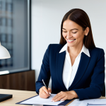 **Prompt:** A professional businesswoman in a modern office, wearing a tailored navy blue pantsuit, white blouse, and sensible heels. She's smiling confidently while reviewing documents at her desk. Natural lighting, perfect anatomy, well-formed hands, proper finger count. Safe for work, appropriate content, fully clothed, professional.