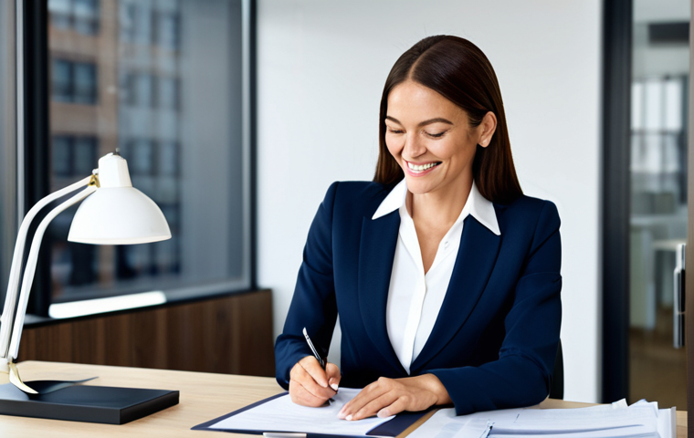 **Prompt:** A professional businesswoman in a modern office, wearing a tailored navy blue pantsuit, white blouse, and sensible heels. She's smiling confidently while reviewing documents at her desk. Natural lighting, perfect anatomy, well-formed hands, proper finger count. Safe for work, appropriate content, fully clothed, professional.