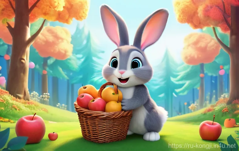콩지래빗 애니메이션 - **Prompt:** A heartwarming and visually appealing animated scene featuring Konji the Rabbit, a cute,...