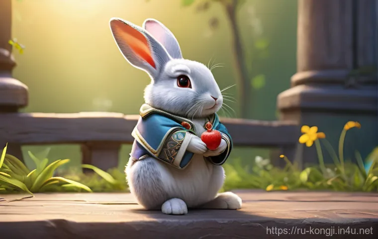 콩지래빗 애니메이션 - **Prompt:** A cozy and brightly animated interior scene showing Konji the Rabbit, wearing a simple, ...