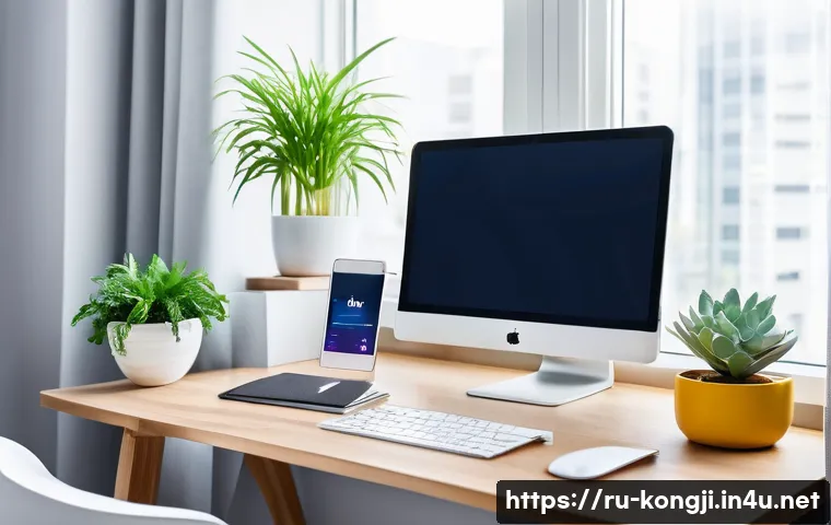 콩지래빗의 SNS 마케팅 - A modern digital marketing workspace featuring a sleek desk with a high-resolution computer monitor ...