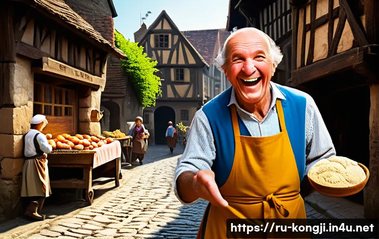 콩지래빗 서브 캐릭터 - A lively medieval village scene with diverse secondary characters interacting naturally: a cheerful ...