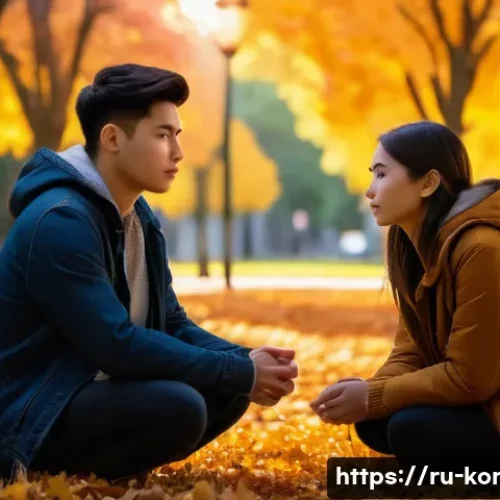 Home 32 콩지래빗 스토리 전개 - A heartfelt scene depicting two young adults in a quiet urban park at dusk, sharing a moment of vuln...