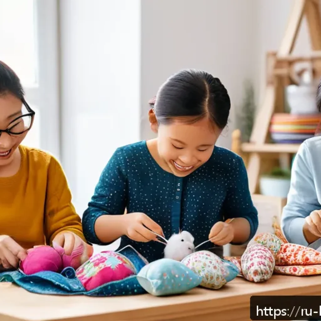 콩지래빗 관련 행사 - A cozy creative workshop scene featuring a diverse group of children and adults happily sewing soft ...