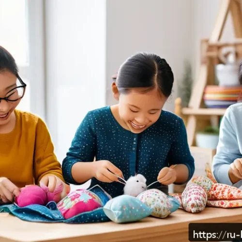 Home 30 콩지래빗 관련 행사 - A cozy creative workshop scene featuring a diverse group of children and adults happily sewing soft ...