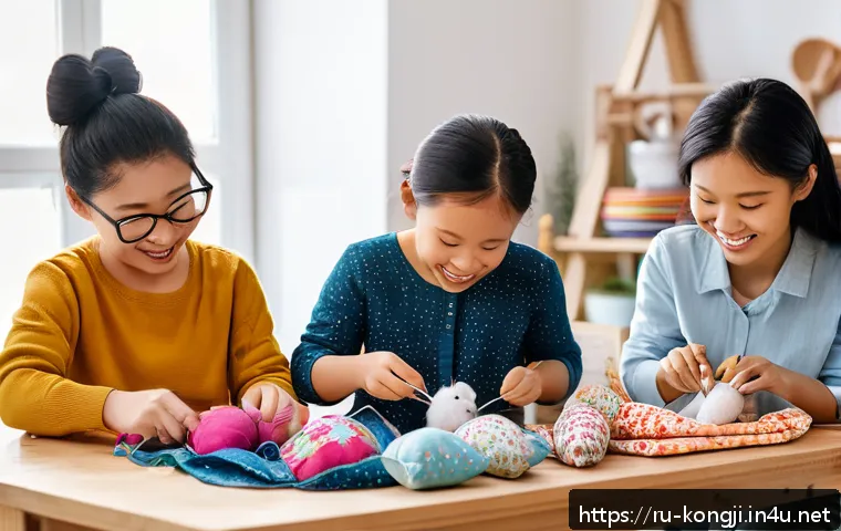 콩지래빗 관련 행사 - A cozy creative workshop scene featuring a diverse group of children and adults happily sewing soft ...