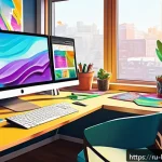 Home 23 콩지래빗 팬 콘텐츠 플랫폼 - A vibrant digital illustration showcasing a creative workspace filled with colorful fan art material...
