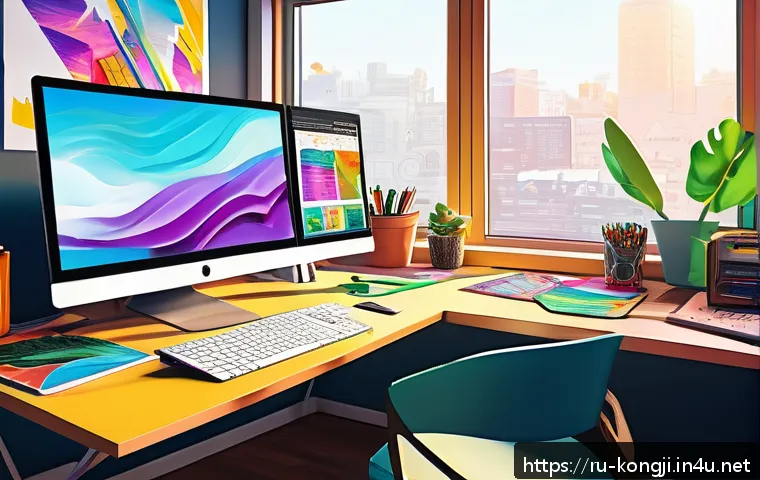 콩지래빗 팬 콘텐츠 플랫폼 - A vibrant digital illustration showcasing a creative workspace filled with colorful fan art material...