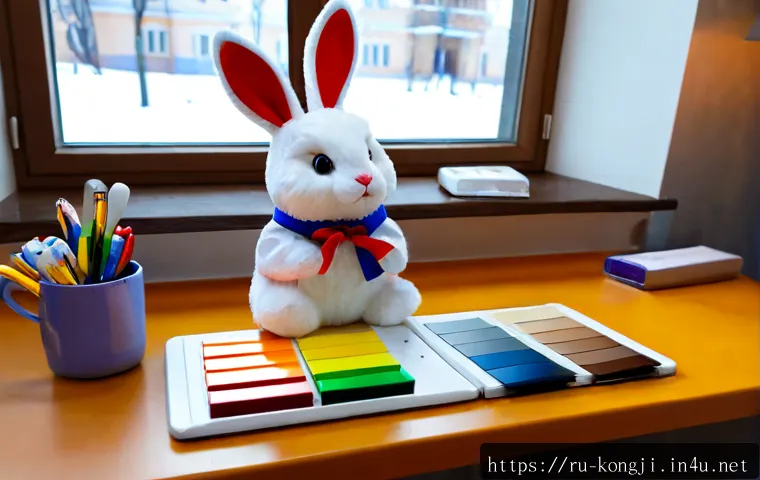 Home 17 콩지래빗의 브랜드 확장 - Photorealistic creative business studio in Moscow, a charming white rabbit mascot figurine displayed...